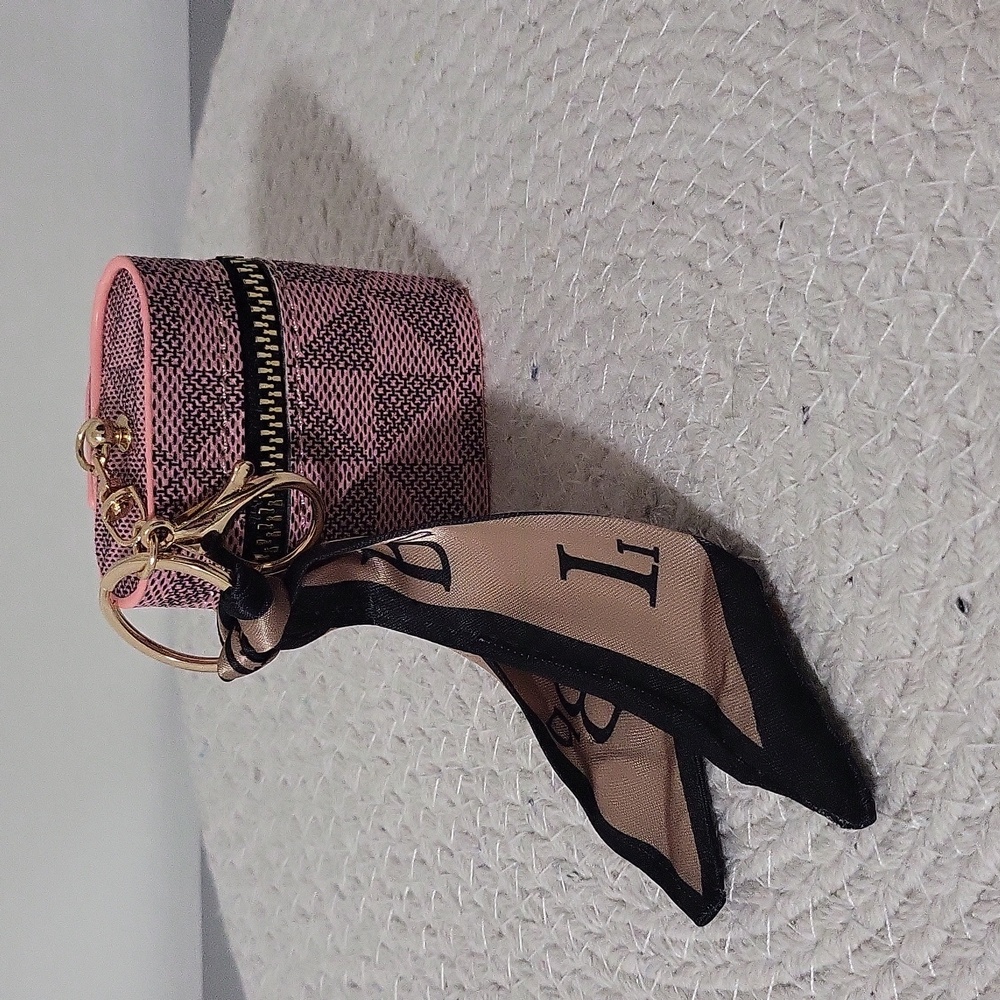Pink and Black Patterned Purse Charm Keychain Pouch with Scarf